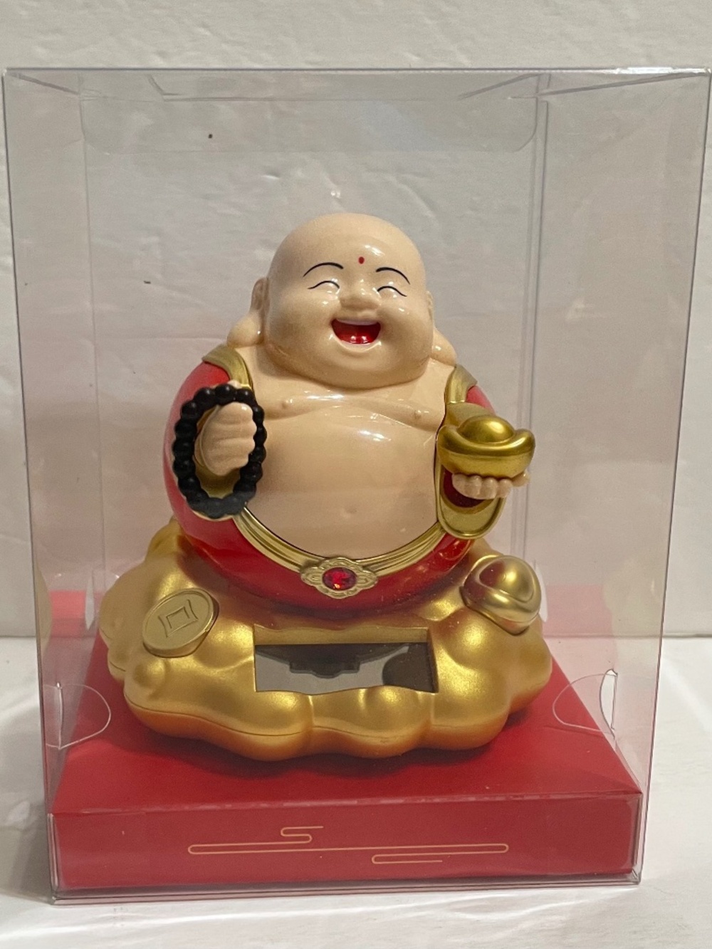 SOLAR POWERED Happy BUDDHA With Yuan Bao & Prayer beads figuire Toy 4β